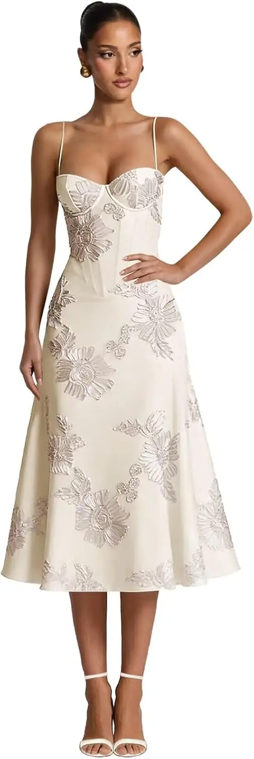 Women Short Party Dresses Floral Embroidered Corset Prom Dresses for Teens 2026 Spaghetti Strap Tea Length Formal Evening Dress