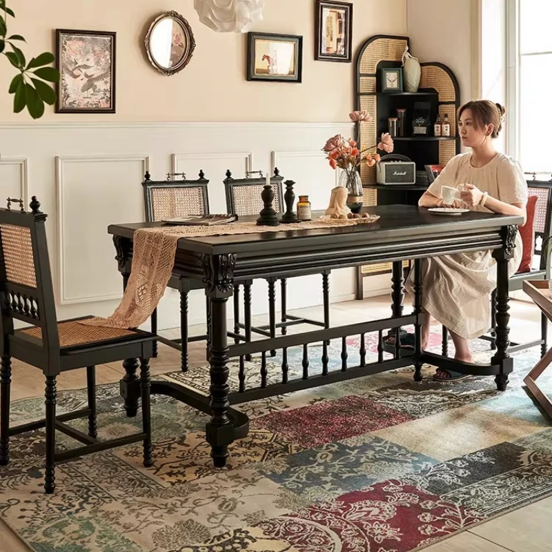 French Vintage Black Knight Solid Wood Dining Table Carved Legs Multi-Function Desk 160-220cm Rectangular Home Furniture