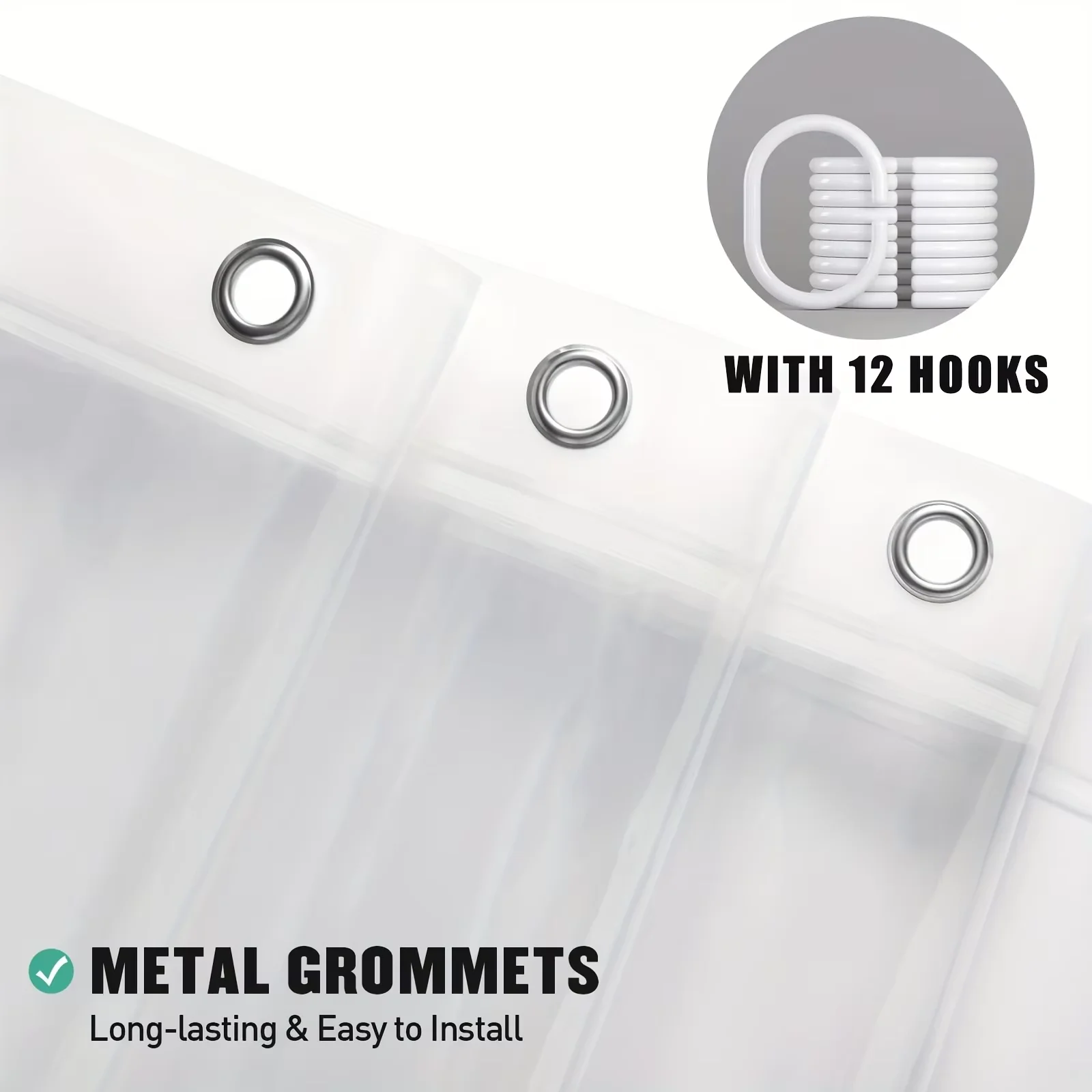 Transparent shower curtain lining with magnets, lightweight plastic material, including plastic shower curtain rings, bathtub