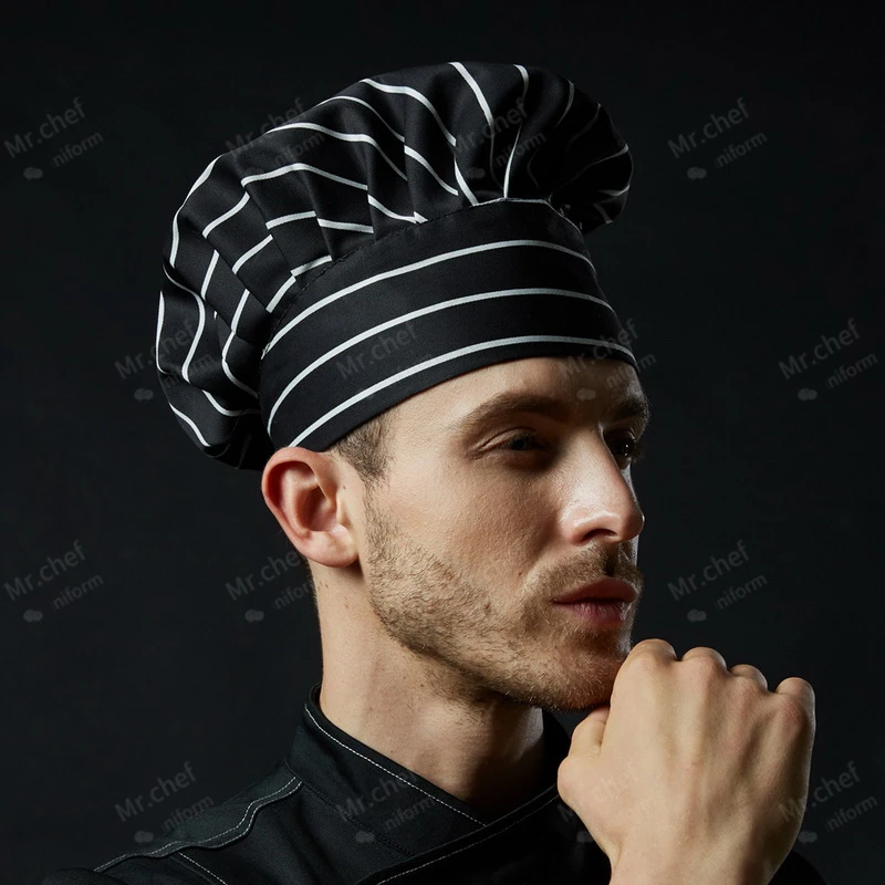 Black Chef Hat Cooking chef  Caps Adjustable Men Kitchen Elastic cap Catering Striped Hat Restaurant Cook Working accessories