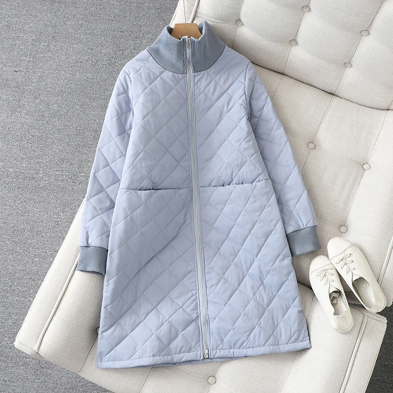 Thickened Mid-Length Quilted Cotton Jacket Women's Loose Fit Winter Coat Diamond Pattern Padded Coat Long Sleeve Zipper Closure