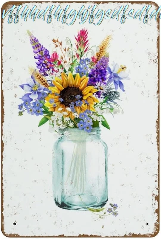 Easter Decor Tin Sign Wildflower Bouquet Print Mason Jar Floral Sign Decor Sunflower Wall Art Decor Decor Sign Plaque Bar P sign