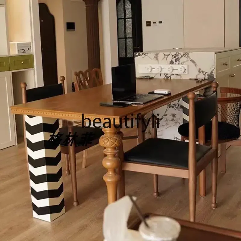 Medieval creative retro zebra striped solid wood dining table household wabi-sabi rectangular eating table