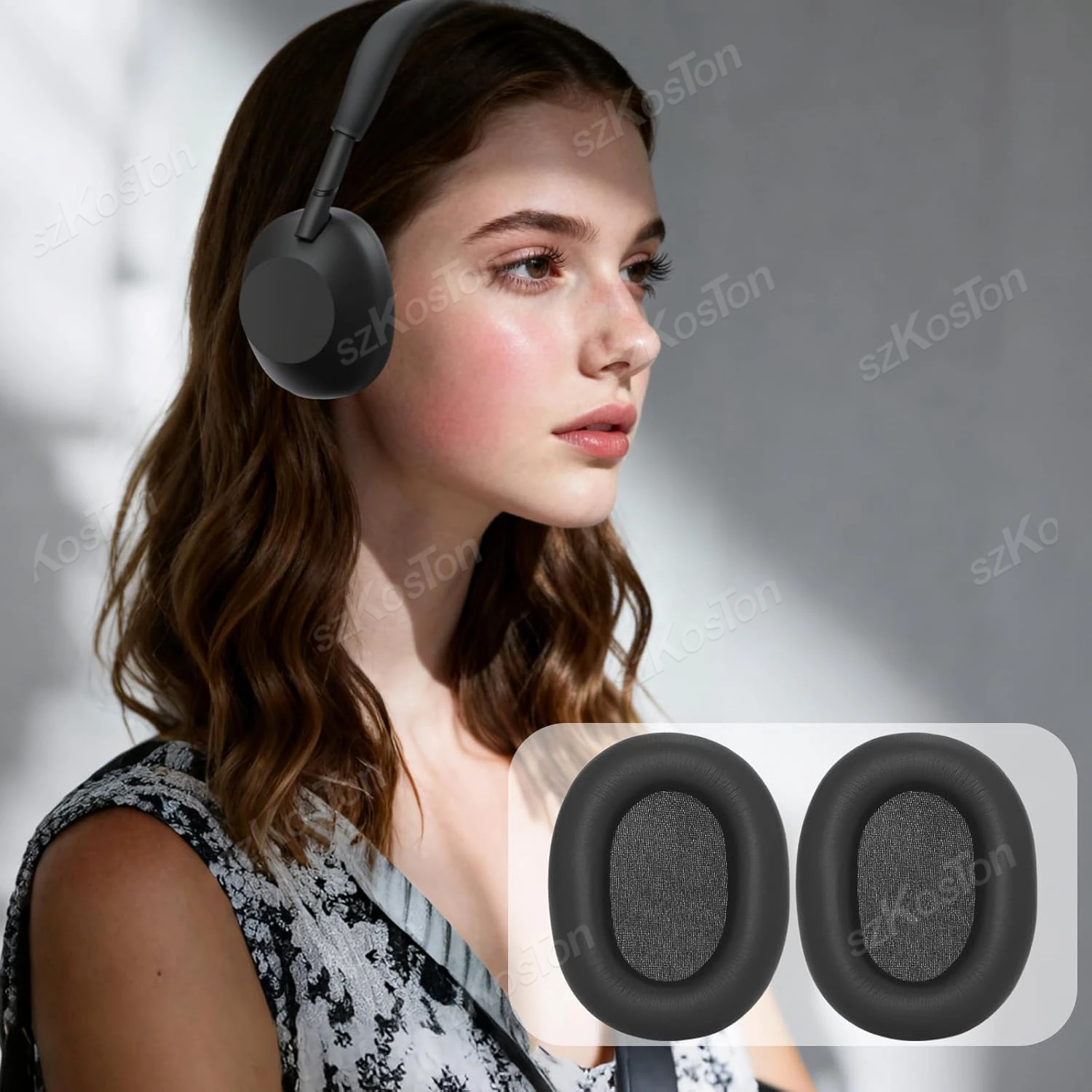 Wymienne nauszniki do słuchawek bezprzewodowych Sony WH-1000XM6, skóra PU, gąbka / żel chłodzący, poduszki z pianki memory, nakładki — zdjęcie produktu 6
