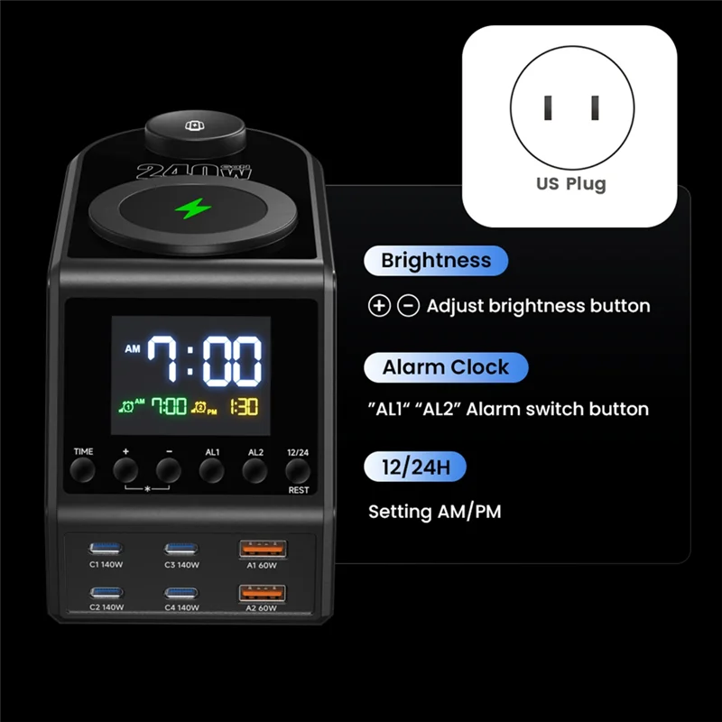 BNVN-240W محطة شاحن غان مع ساعة تنبيه عرض الوقت 4X140w PD3.1 USB نوع C شاحن لاسلكي سريع لباد