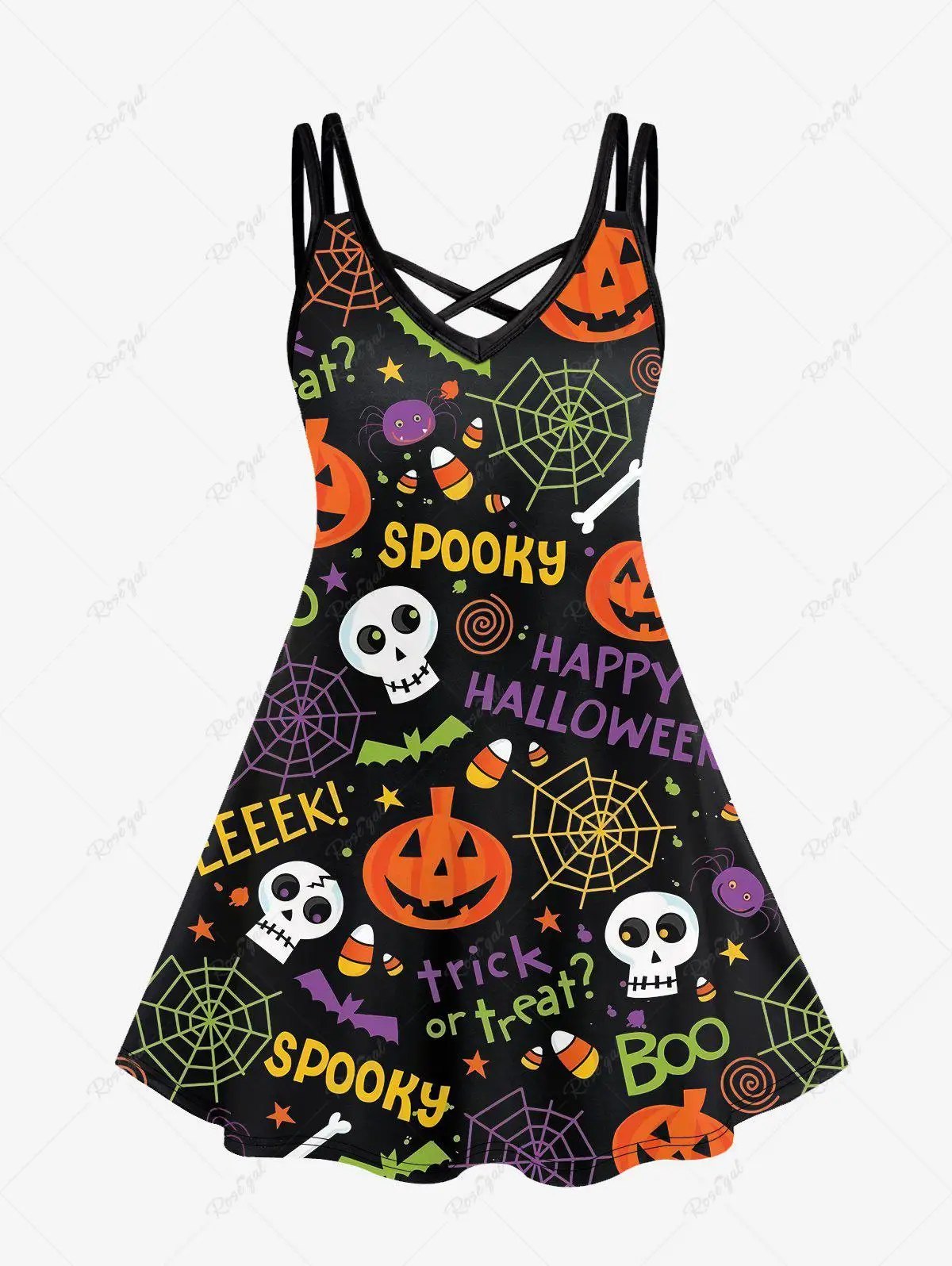 

Plus Size Halloween Printed Crisscross Cami Dress Pumpkin Spider Web Skull Women's Casual Elegant Party Dresses