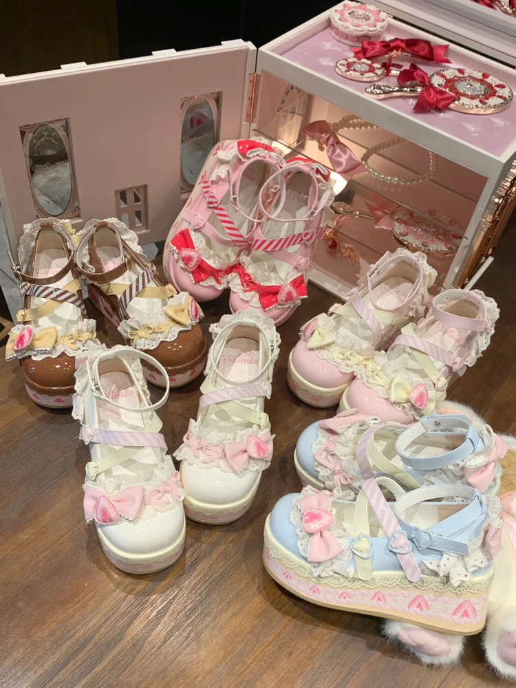 Chaussures à Muffin Lolita avec nœud aux fraises pour femmes, originales japonaises, mignonnes et douces, Macaron, plateforme exquise, chaussures simples pour femmes