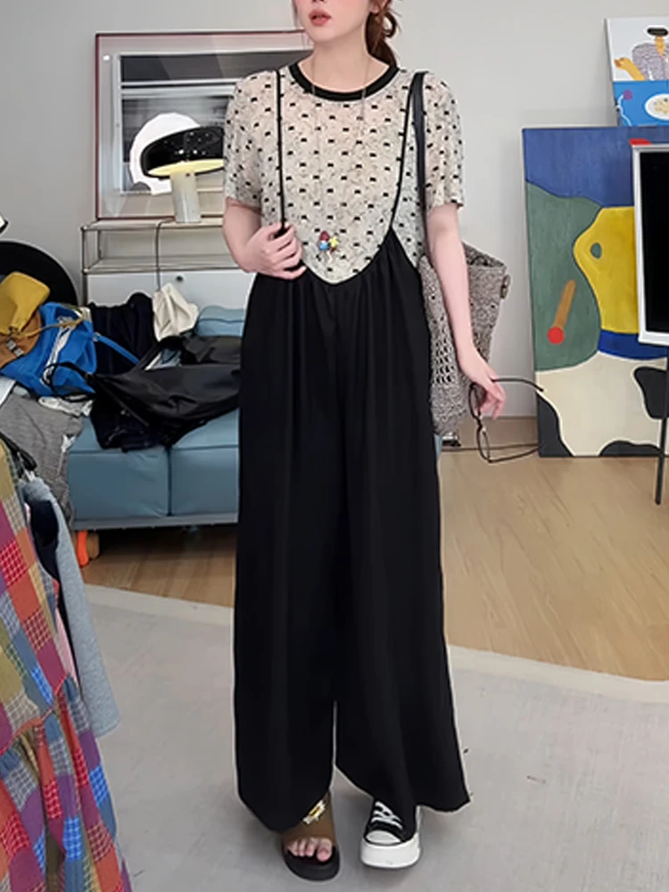 

Black Polka Dot Short Sleeve T-Shirt And Wide Leg Overalls Women's plus Size Fashion Set Casual Comfortable Summer Outfit