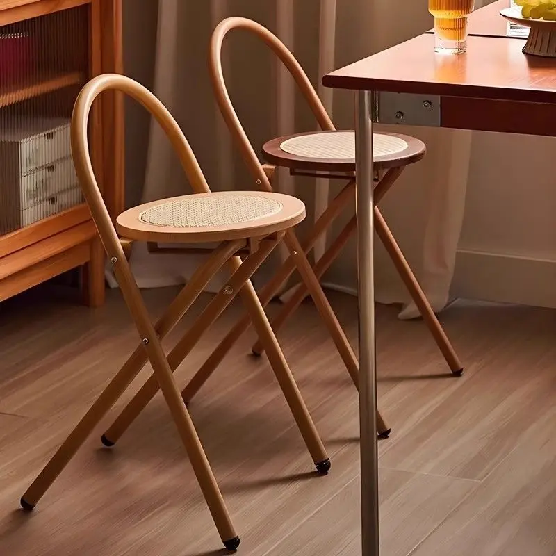 #Nordic Style Foldable Rattan Chair, Portable Solid Wood Folding Chair with Woven Rattan Seat