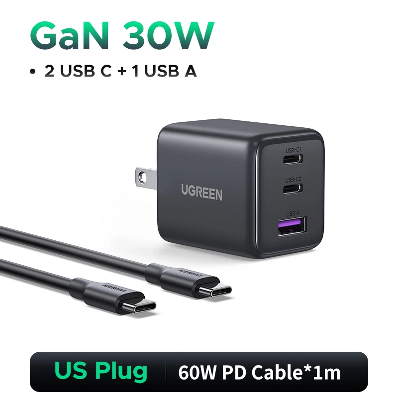 UGREEN 30W GaN-oplader 3 poorten PD 3.0 USB C-oplader voor iPhone 17 16 15 Pro Samsung S25 Xiaomi tablet iPad Air Pro telefoonoplader