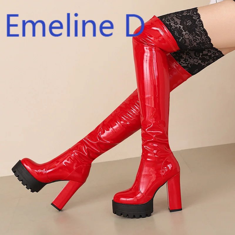 

Lacquer Leather Elastic Boots for Women Knee High Boots Thick Heel Thick Sole Waterproof Platform High-Heeled Long Tube Boots