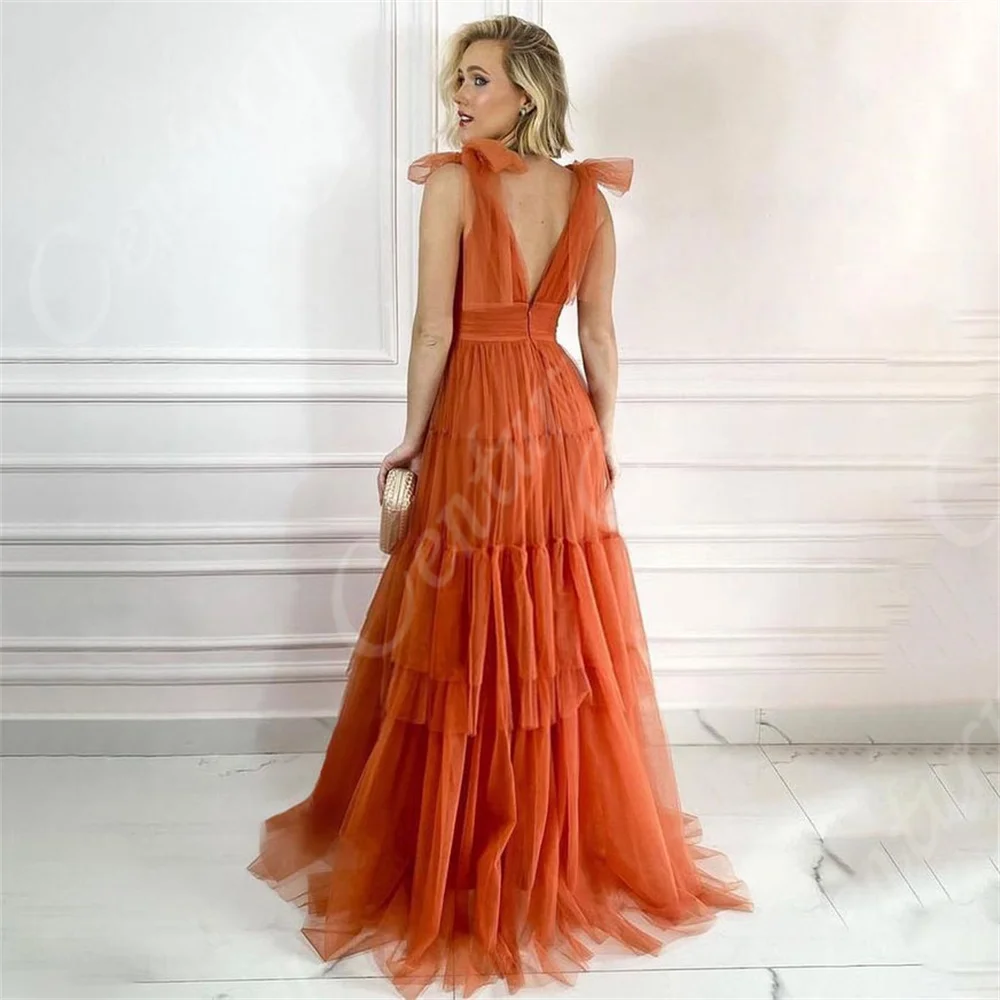 Double V Neck Prom Dress Orange Tulle Customized Celebrity Dresses Women\'s Evening Dress A Line Tiered Pleated Formal Party Gown