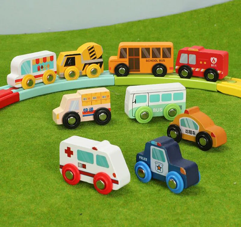 Coche, vehículo de ingeniería policial, camión de remolque, tren Compatible con vía de tren Thomas de madera, juguetes, regalo de cumpleaños para niños