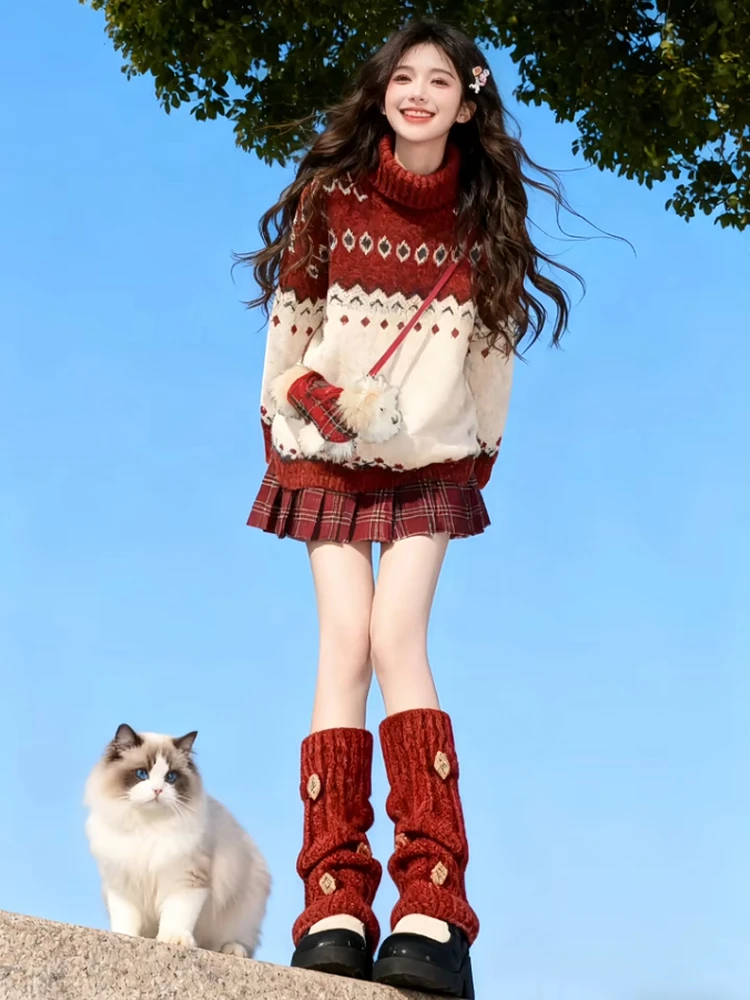 Cisas inverno camisola de malha e saia xadrez conjunto feminino faion duas peças conjunto vermelho fair isle malha princ sle