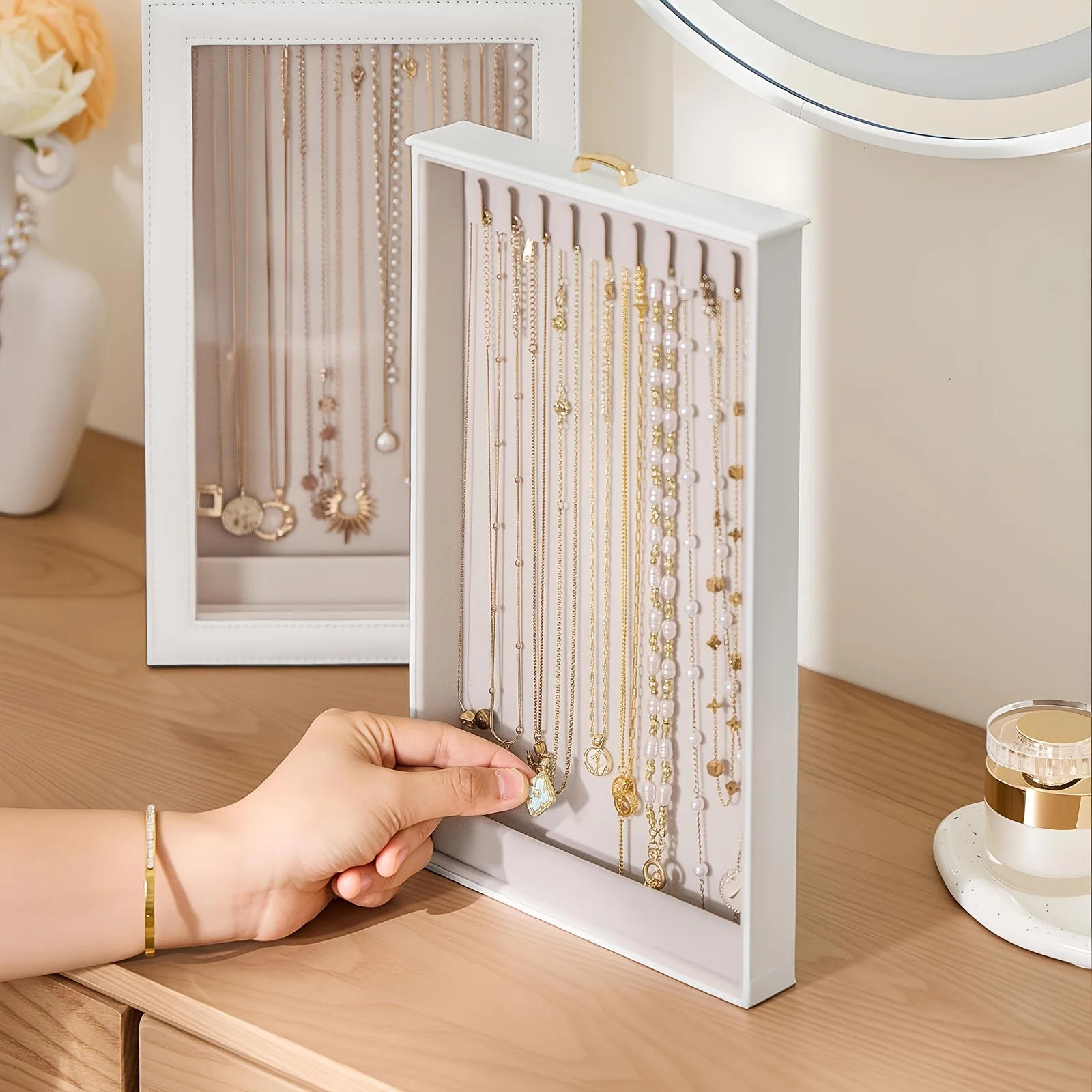 2 Layer Jewelry Organizer Box with Clear Window, Tangle-Free Necklace Display Case for Women, 20 Hooks Storage White