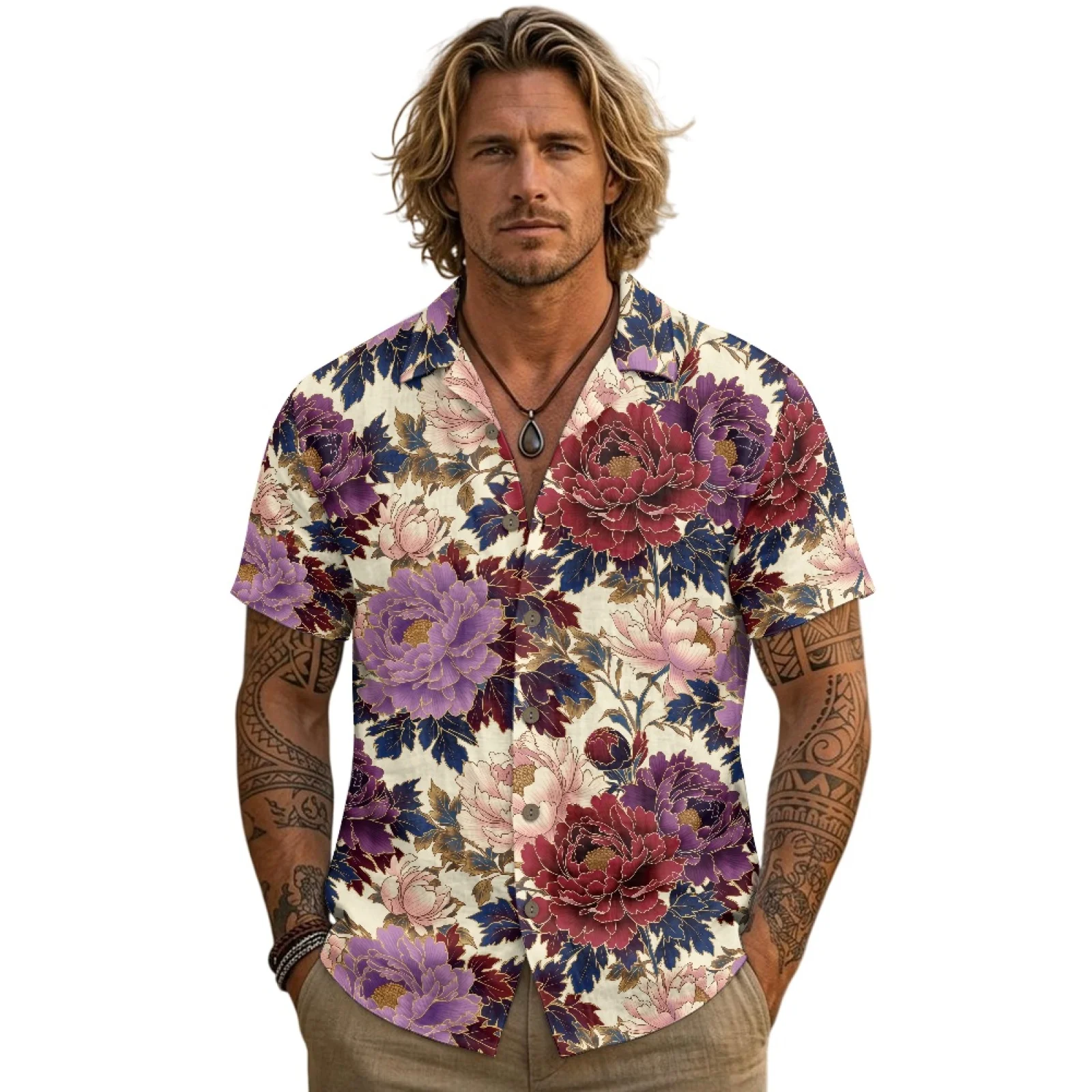 PENSTROLL Purple Red Peony Print Linen Like Short-Sleeved Single Breasted Button Down Men's Top for Youth S-3XL