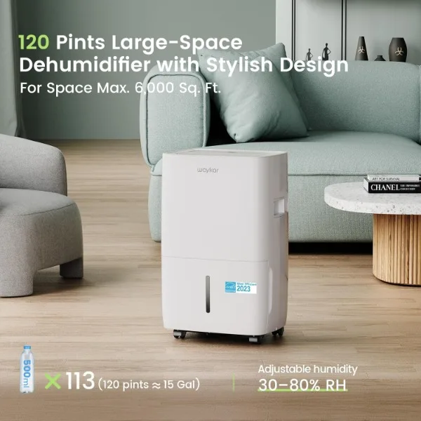 Waykar 120 Pints Energy Star Dehumidifier for Spaces up to 6,000 Sq. Ft at Home, in Basements and Large Rooms with Drain Hose