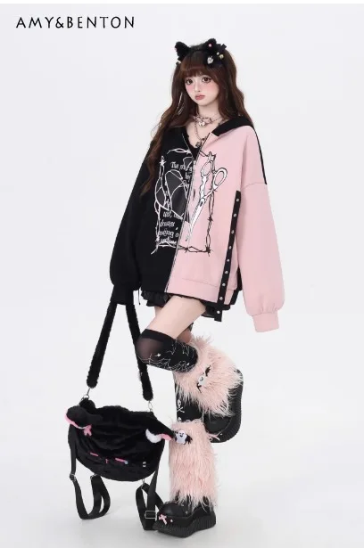 

2025 Spring and Autumn New Street Style Sweet Cool Subculture Black and Red Color Letter Print Chain Loose Long Sleeve Hoodie