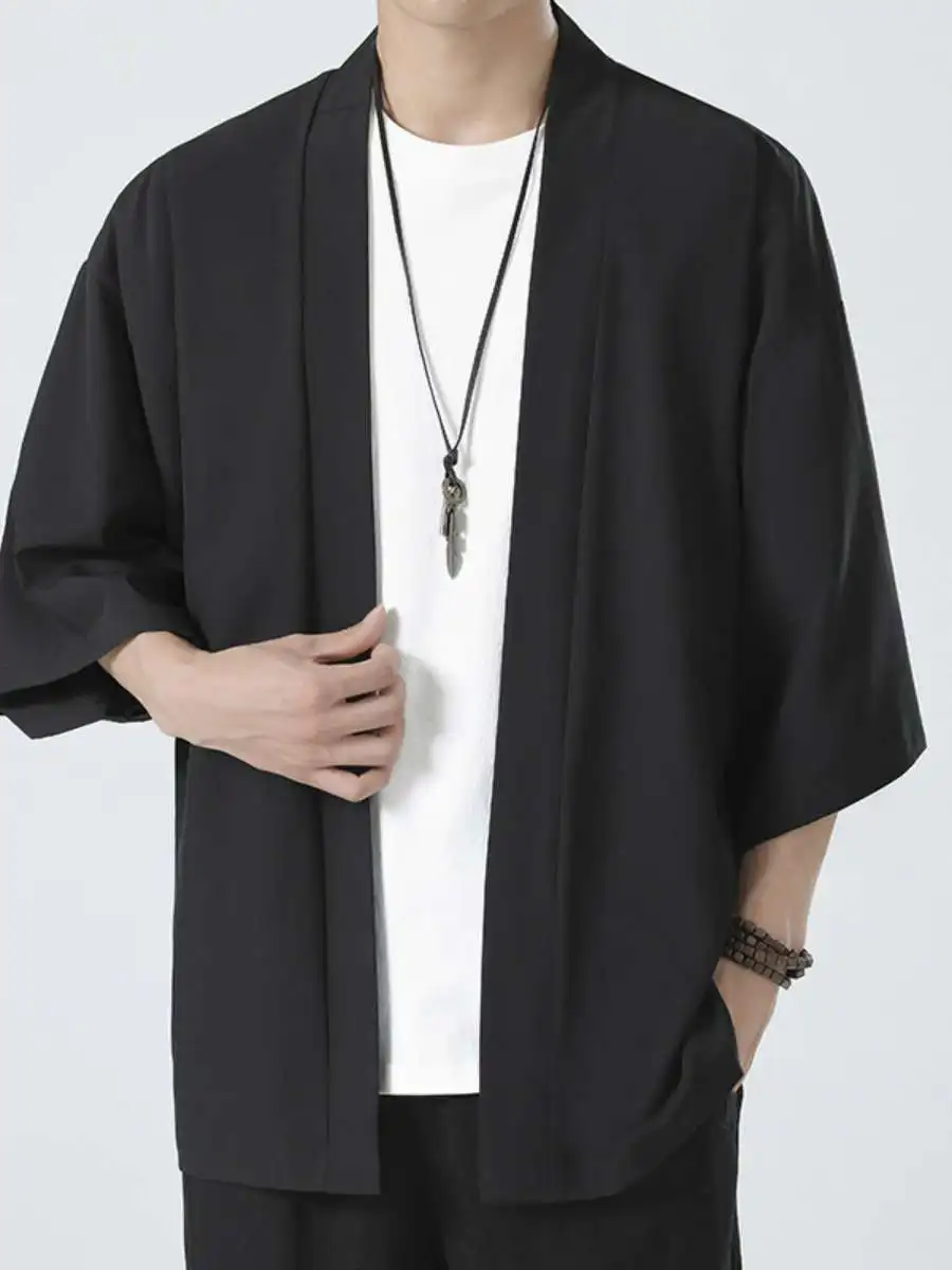 

Summer New Men's Ice Silk Thin Cardigan Pure Color Hanfu Loose Sun Protection Outerwear Casual Loose Fit Lightweight Jaet