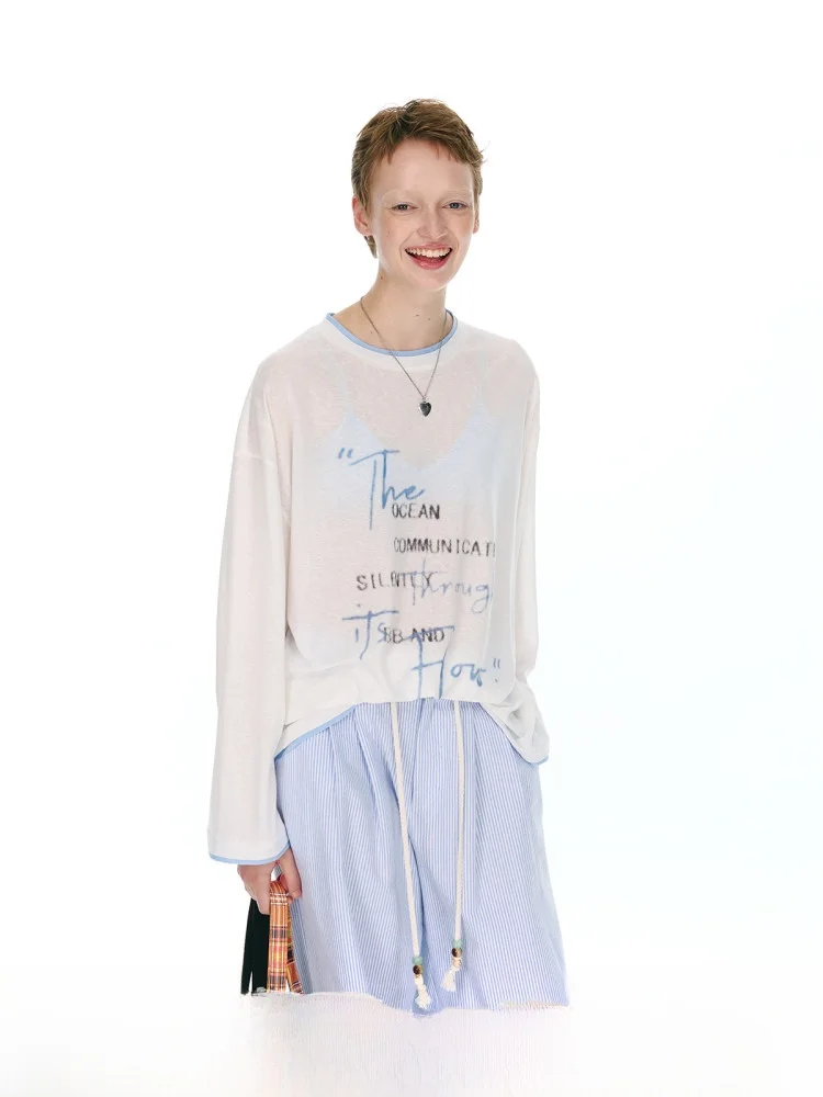 

TearOcean Tidal Password Ruched Sve Long Printed T-irt Women Loose Semi-Transparent Summer Casual Sle round Ne Top