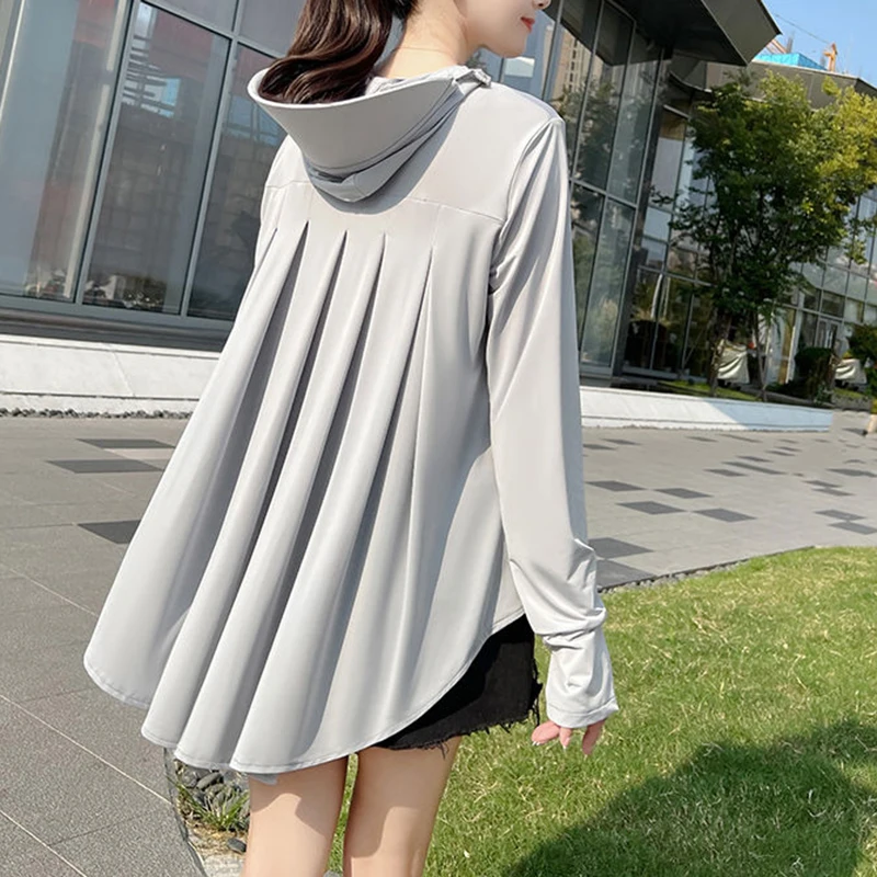 UV Resistant Hooded Zipper Front Short And Back Long Pockets Sunscreen Shirt Long Sleeve Summer Women Clothing Casual Solid Coat