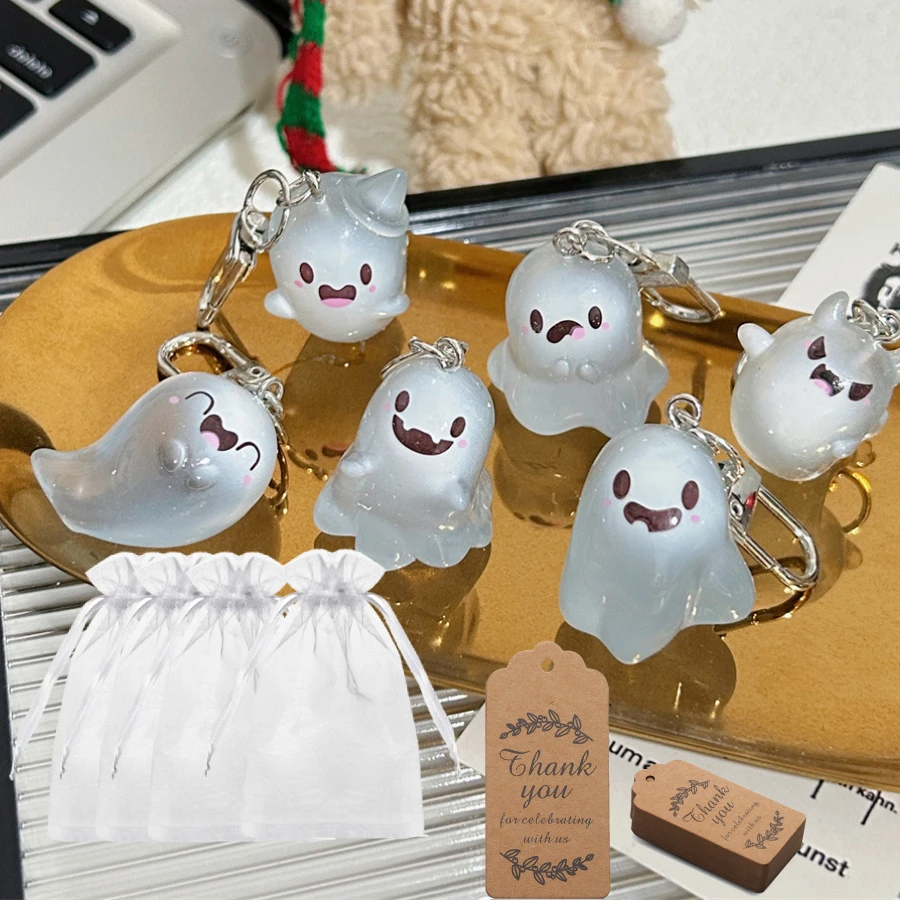 12 Sets Halloween Luminous Ghost Keychain Portable Resin Keyring Cute Floating Ghost Key Chain with Gift Label Tags Organza Bags