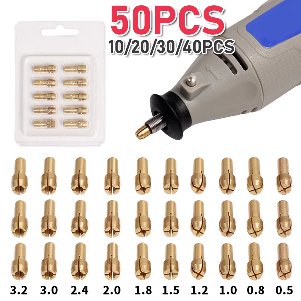 Mini Latão Collet Chuck para Dremel Rotary Tool, Acessórios de Moagem Elétrica, Caneta De Gravura, Núcleo De Cobre, Elétrico, Acessórios, 3.2mm-0.5mm, 50 Pcs, 10 Pcs