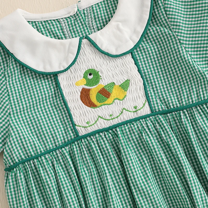 بدلة قطعة واحدة للفتيات الصغيرات بأكمام قصيرة وياقة دمية لطيفة ومطرزة على شكل بطة لحديثي الولادة لفصل الصيف