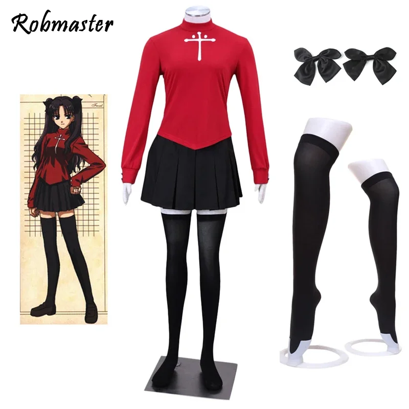 Anime Fate Stay Night Tohsaka Rin Cosplay Costume For Women Kids Girl Plus Size Red Shirt Skirt Stocking Hairpins Set