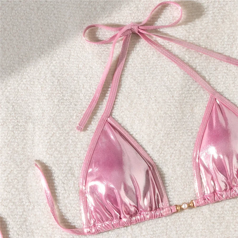 Sexy Pink Shiny Swimwear Halter String Micro Bikinis Set Mujer Triangle Swimsuit Women 2024 Bead Mini Thong Strój kąpielowy kąpiący