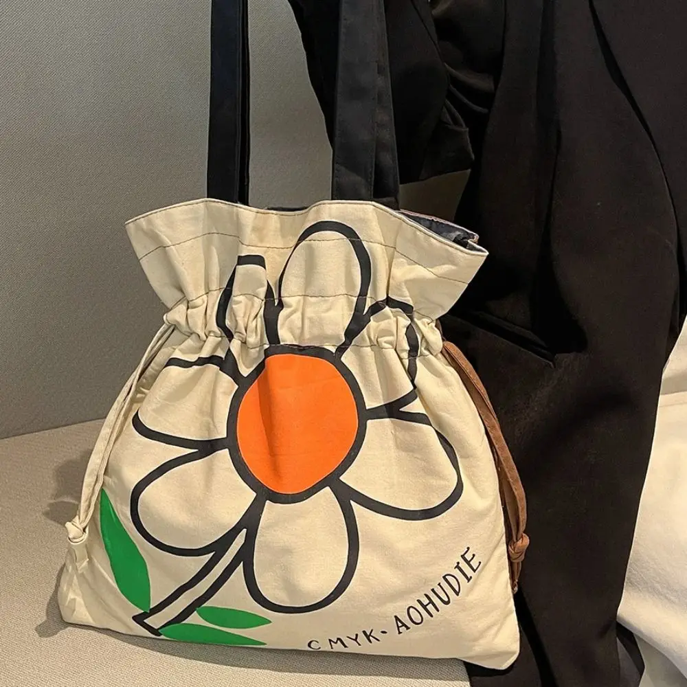 

Simple Korean Style Flower Shoulder Bag Large Capacity Fashion Drawstring Bag Printing Cute Cloth Tote Bag Travel