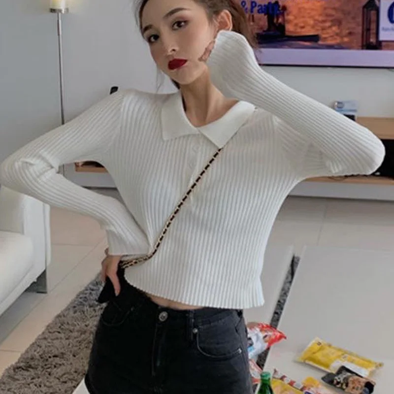 New Fashion Turn Down Collar Sweaters Casual Knitted Tops Slim Fit Sweater Autumn Winter Button Pullover Women Clothes 28763