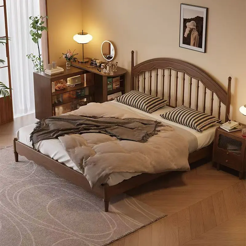 

Medieval harp queen bed master bedroom all solid wood Windsor bed American French retro double bed new Chinese walnut color