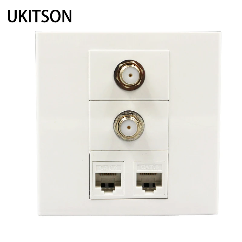 Dual F Head Digital TV Plug With 2xCAT6 RJ45 Network Socket Faceplate White Color For Television Internet Connector Wall Outlet