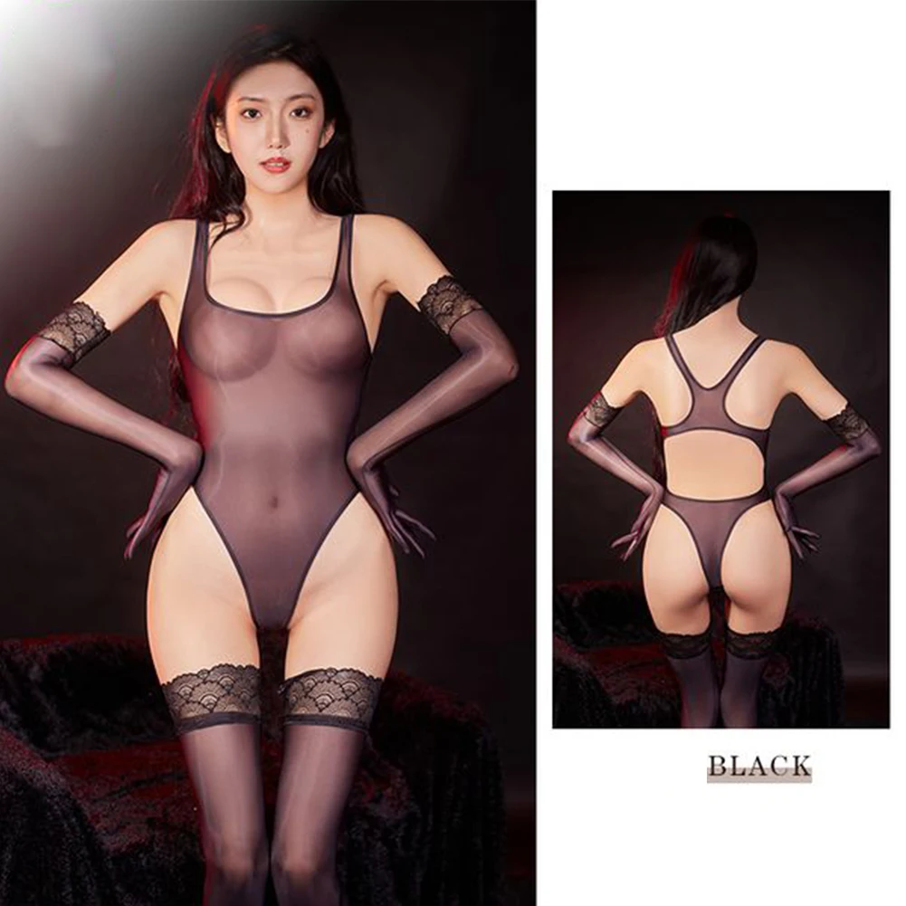 

Women Sexy Bodysuit Oil Shiny See-Through Bikini Lingerie High Cut Leotard Swimsuit Jumpsuit Transparent Night Club Wear