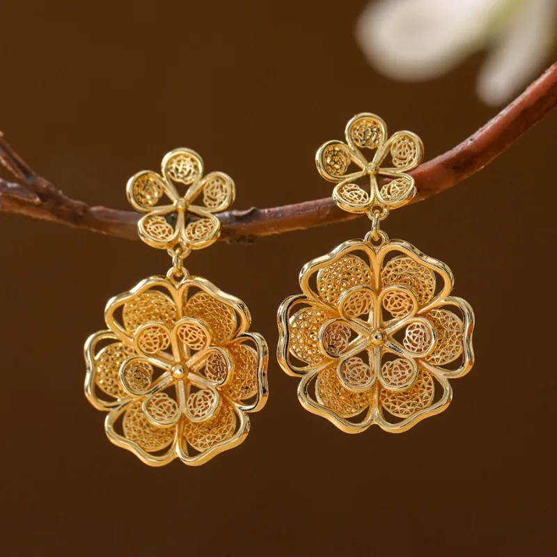 Vintage and Elegant Gold Floral Design with Hollow Flower Shaped Women's Pendant Earrings for Daily Wear Banquet and Party Gifts
