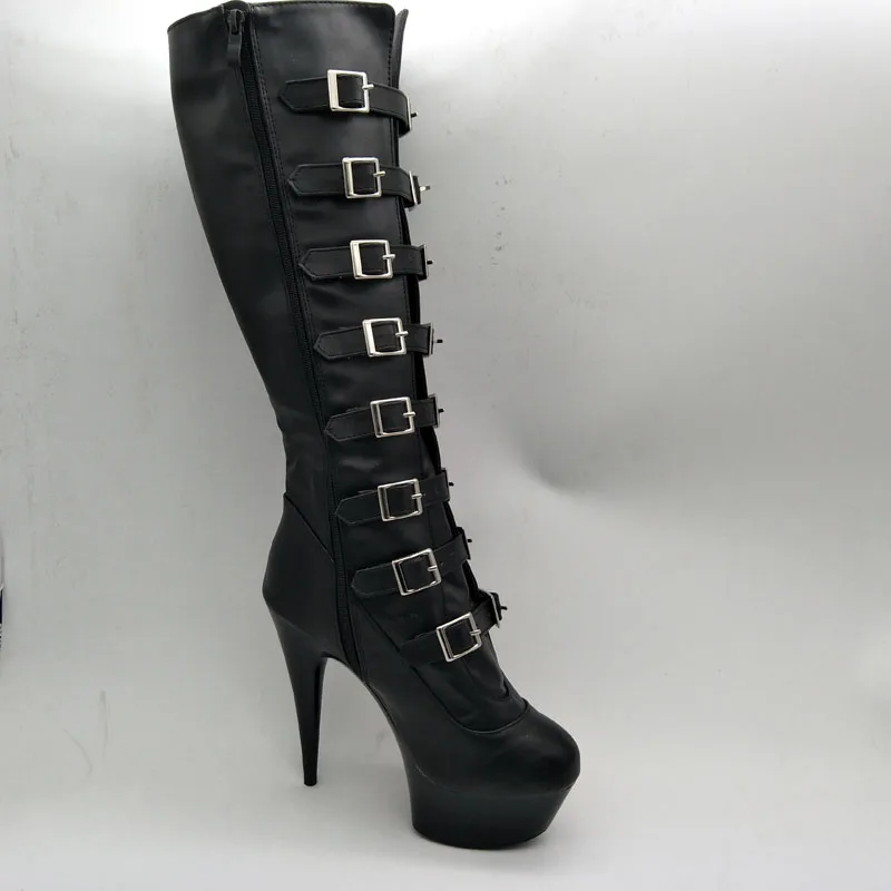 LAIJIANJINXIA New Buckle Black Knee-High Boots Women 15Cm Super High-Heeled Star Fashion Stage Boots Female Red/White