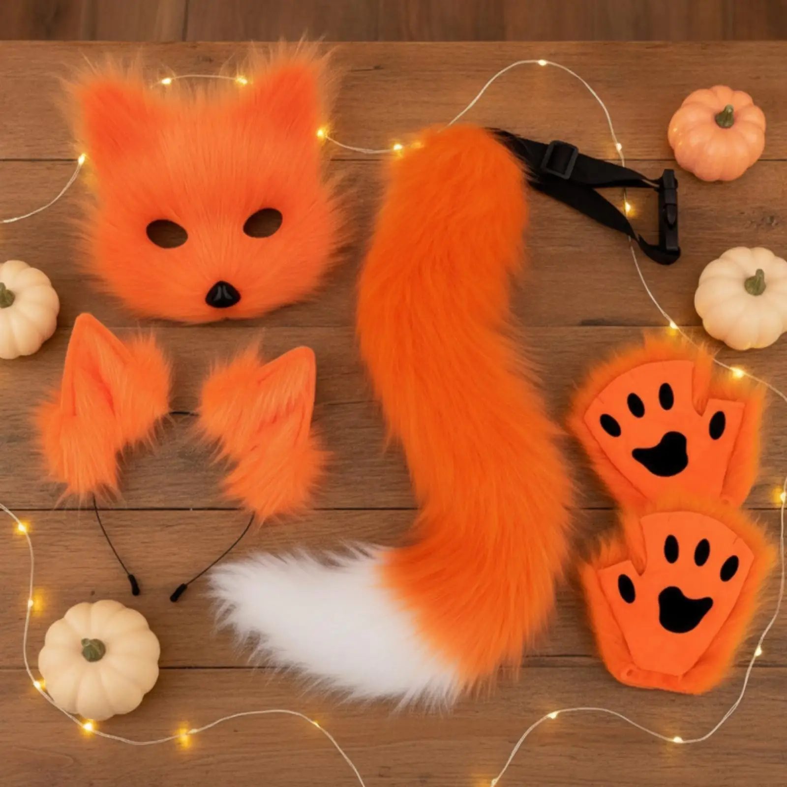 4 Pieces Vulpine Ears and Tail Set with Mask Artisanal Vulpine Costume with Tail and Mask Realistic Adjustable for Cosplayers