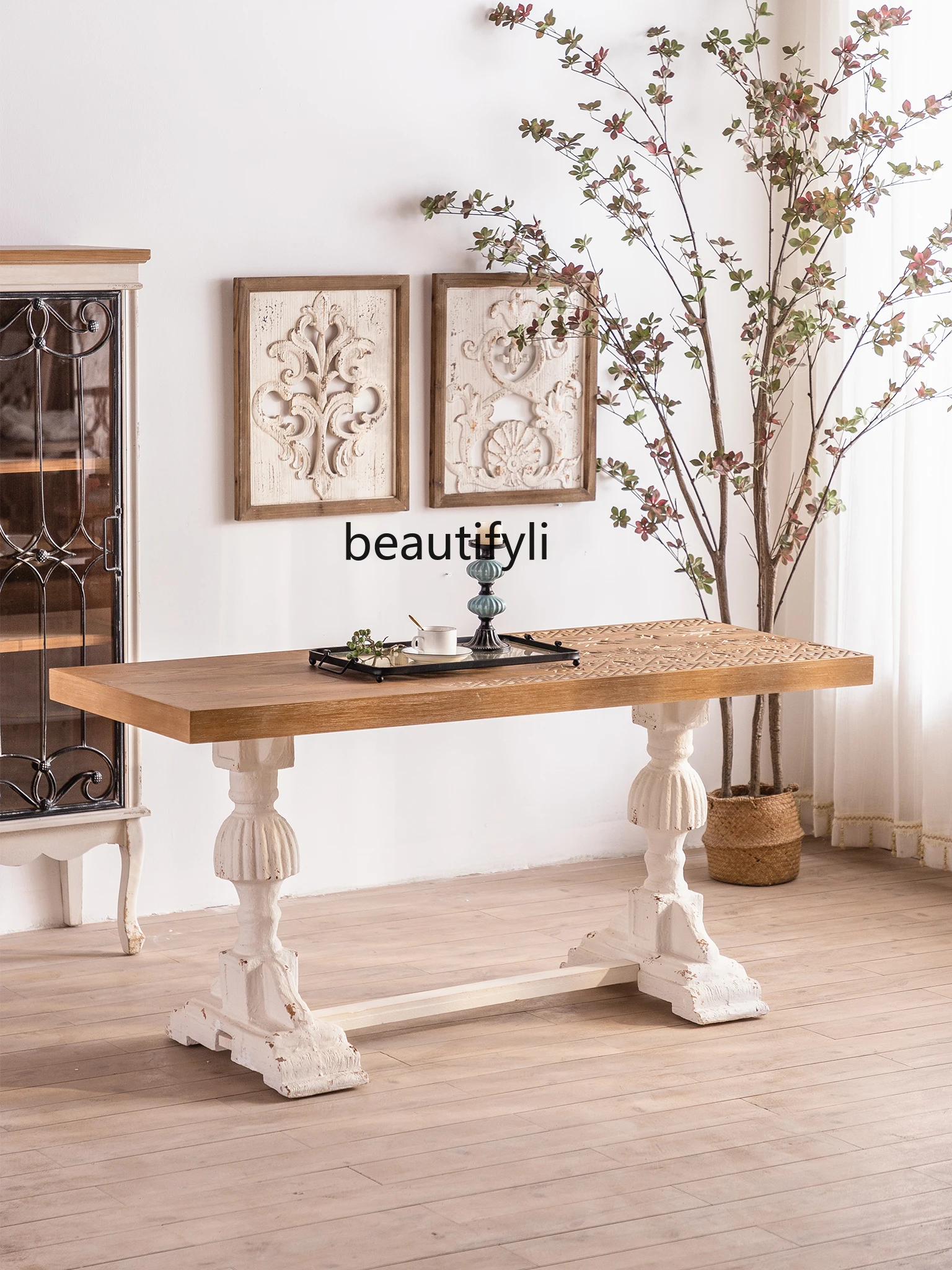 

American-Style Carved Printed Tea Table Solid Wood Console Tables Dining Table B & B Living Room Entrance Cabinet Long Table