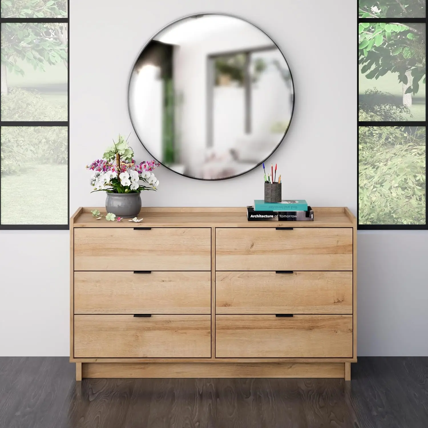 Modern 6-Drawer Double Dresser for Bedroom, Modern Bedroom Furniture, 52.5” Wide x 16” deep x 29.5” Tall, Oak