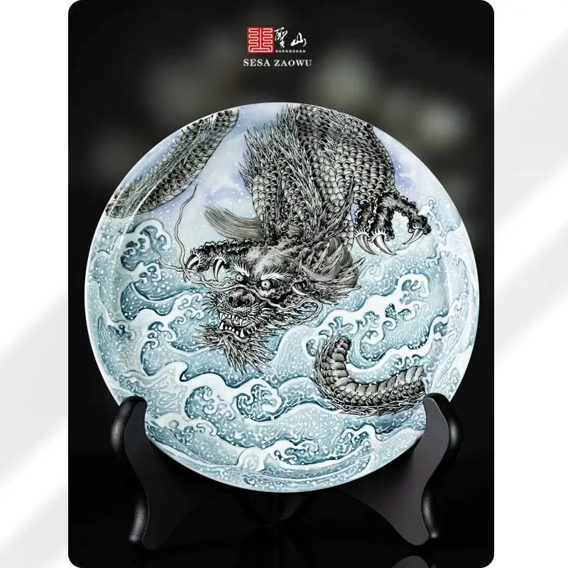 Holy Mountain Jingdezhen Classy Pastel Hand-Painted Tide Sea Dragon Pattern Gold Tea Set Covered Bowl Pot Holder Plate