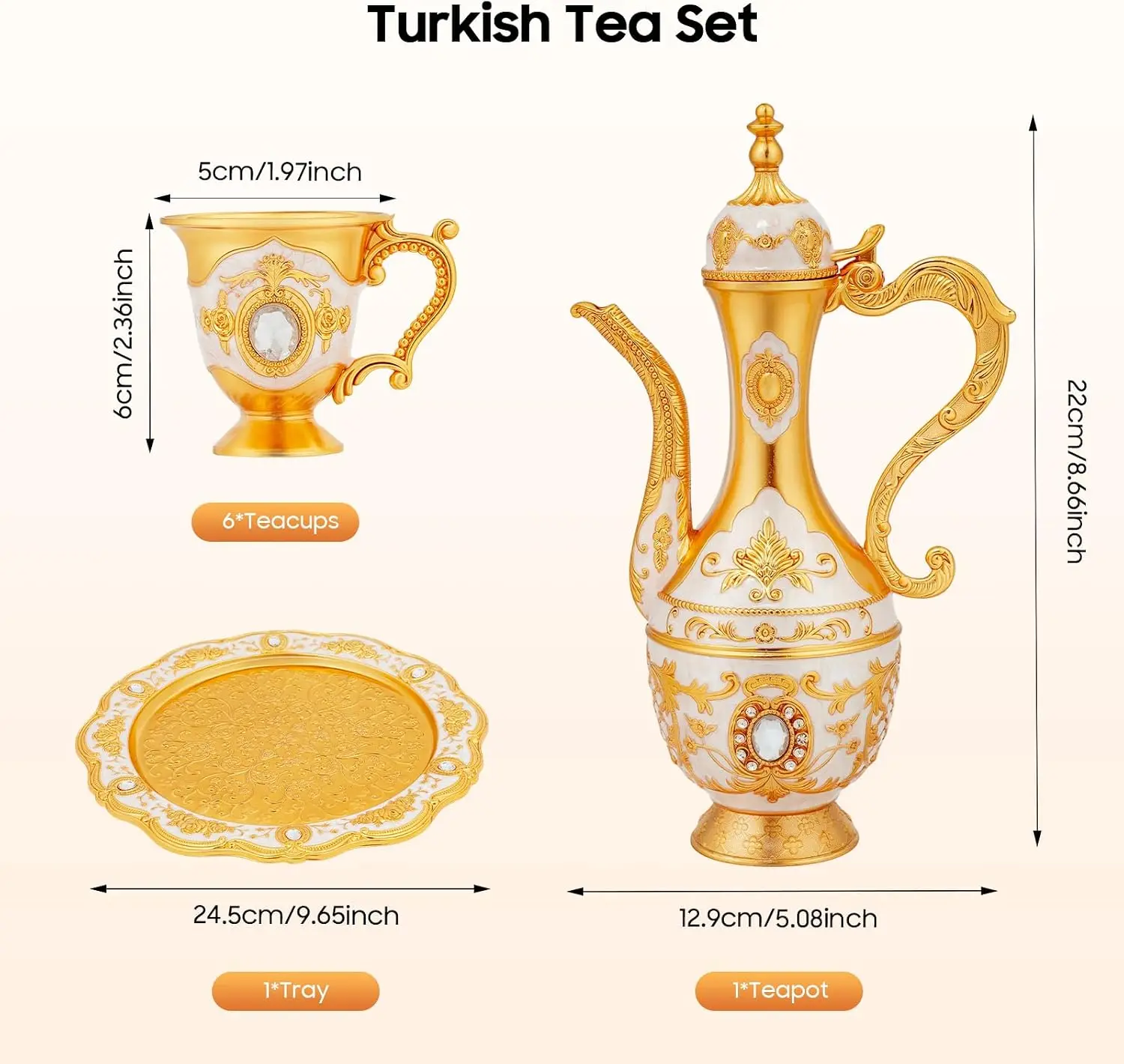 Vintage Turkish Coffee Cups Set with Pot and 6 Cups, Turkish Tea Set, Turkish Tea Glasses for Home Decor Birthday Christmas Housewarming Wedding  (Gold, White) view 4