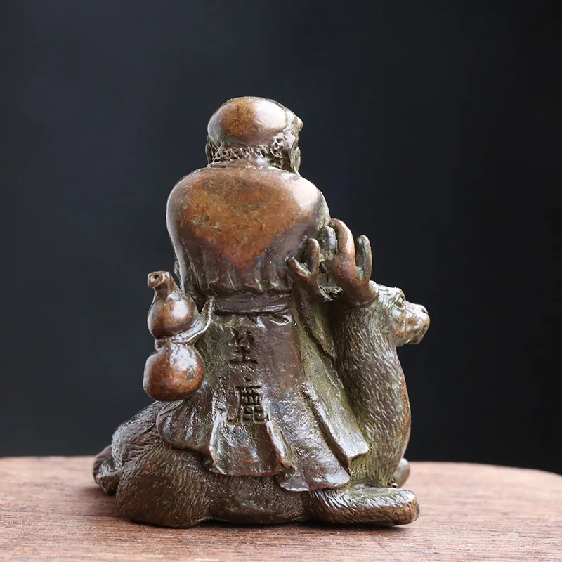 Antique Copper Arhat Sitting On A Deer Small Statue Desk Ornaments Retro Buddha Figurines Lucky Feng Shui Home Decor Accessories