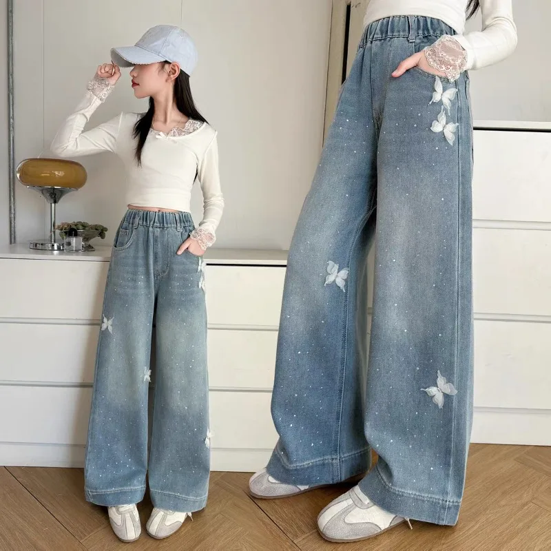 Kinder Mädchen Jeans UNITIM Butterfly Shiny Kids Babys Mädchen Denim-Hose 3-14 Jahre Kinder Mädchen Hose mit Blumenmuster Gerade Hose Mädchenhose