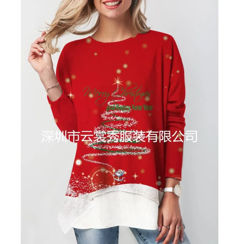 Women Winter Blouses T Shirt Christmas Spring Autumn Women's Printe O Neck Long Sleeve T-Shirt Tops Elegant Lady Tops Clothing