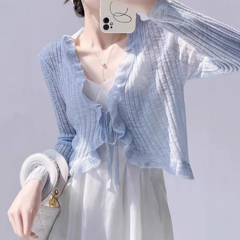 

Women Ruffled Trim Cardigan Long Sleeve Lace Up Tops Female Ribbed Knitted Outerwear Solid Color Summer Sun Protection Jackets