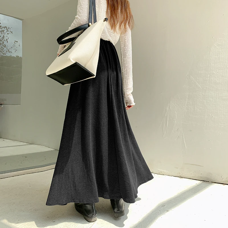 Qiukichonson Maxi Long Skirt Women Pleated Skirt 2024 Autumn Winter Korea Casual High Waisted Thick Ruffle Black Grey Skirts rok