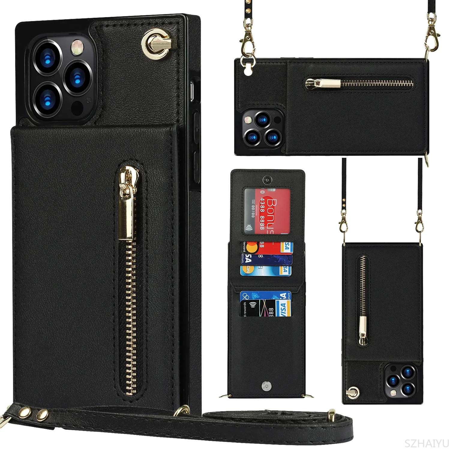 

Crossbody Zipper Wallet for IPhone 16 16E 15 14 13 12 11 XR XS Pro Max Plus Case with Card Holder Lanyard Strap Leather Cover