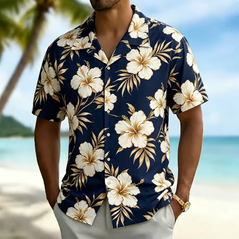 Men's Tropical Hibiscus & Leaf Print Short Sleeve Shirts ，for Summer Gatherings, Beach Parties & Daily Outings