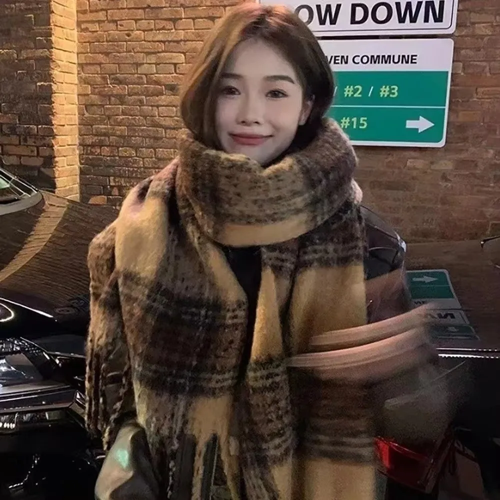 Fashion Thicken Mohair Plaid Wool Scarf Windproof Warm Long Shawl Winter Scarf Winter